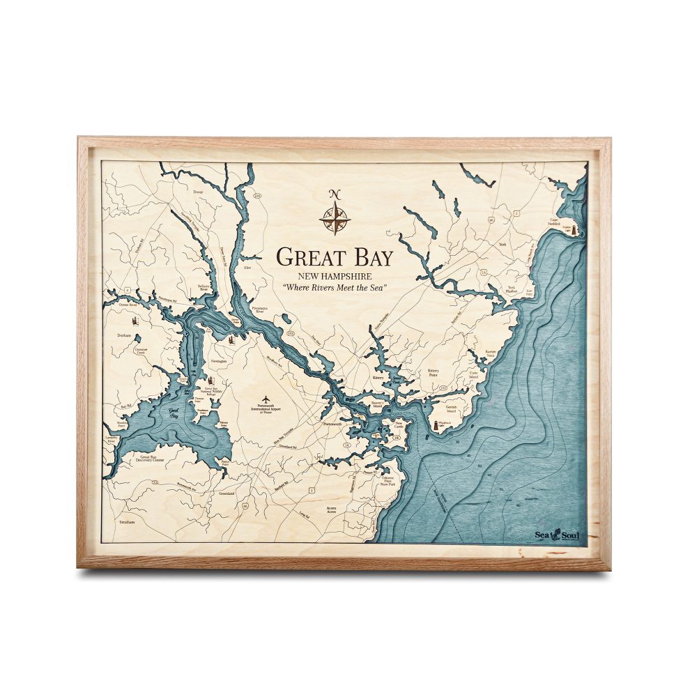 Great Bay Nautical Map Wall Art Oak Accent with Blue Green Water