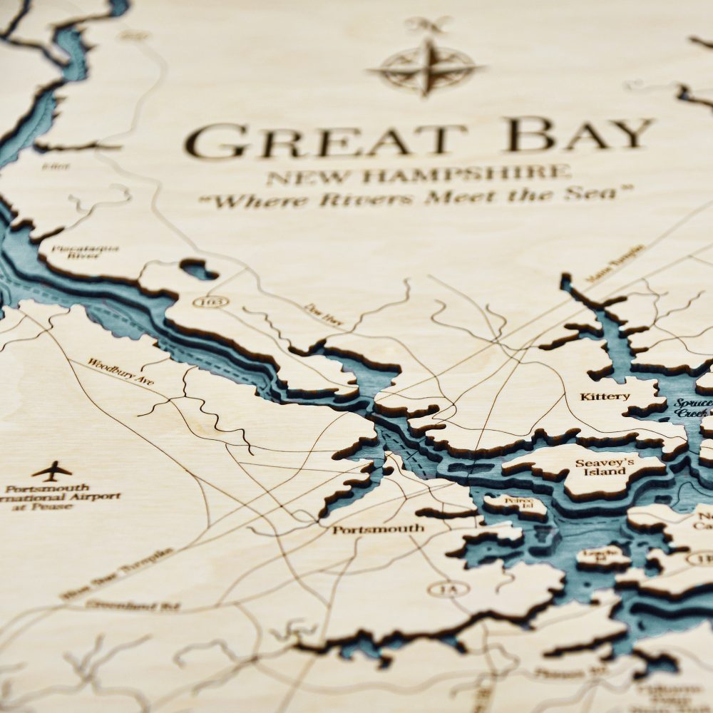 Great Bay Nautical Map Wall Art Oak Accent with Blue Green Water Detail Shot 2