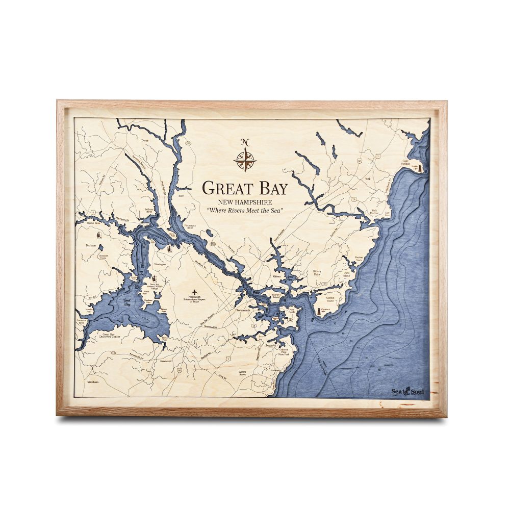 Great Bay Nautical Map Wall Art Oak Accent with Deep Blue Water