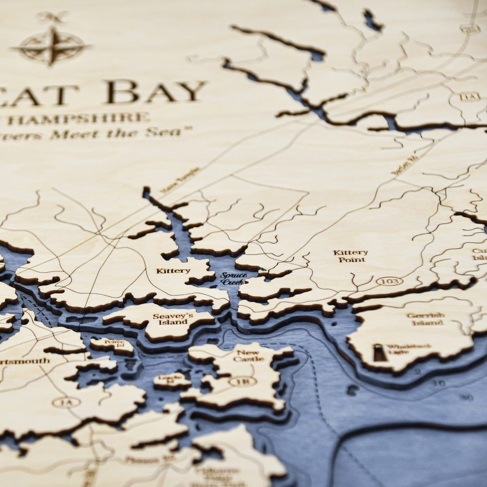 Great Bay Nautical Map Wall Art Oak Accent with Deep Blue Water Detail Shot 1