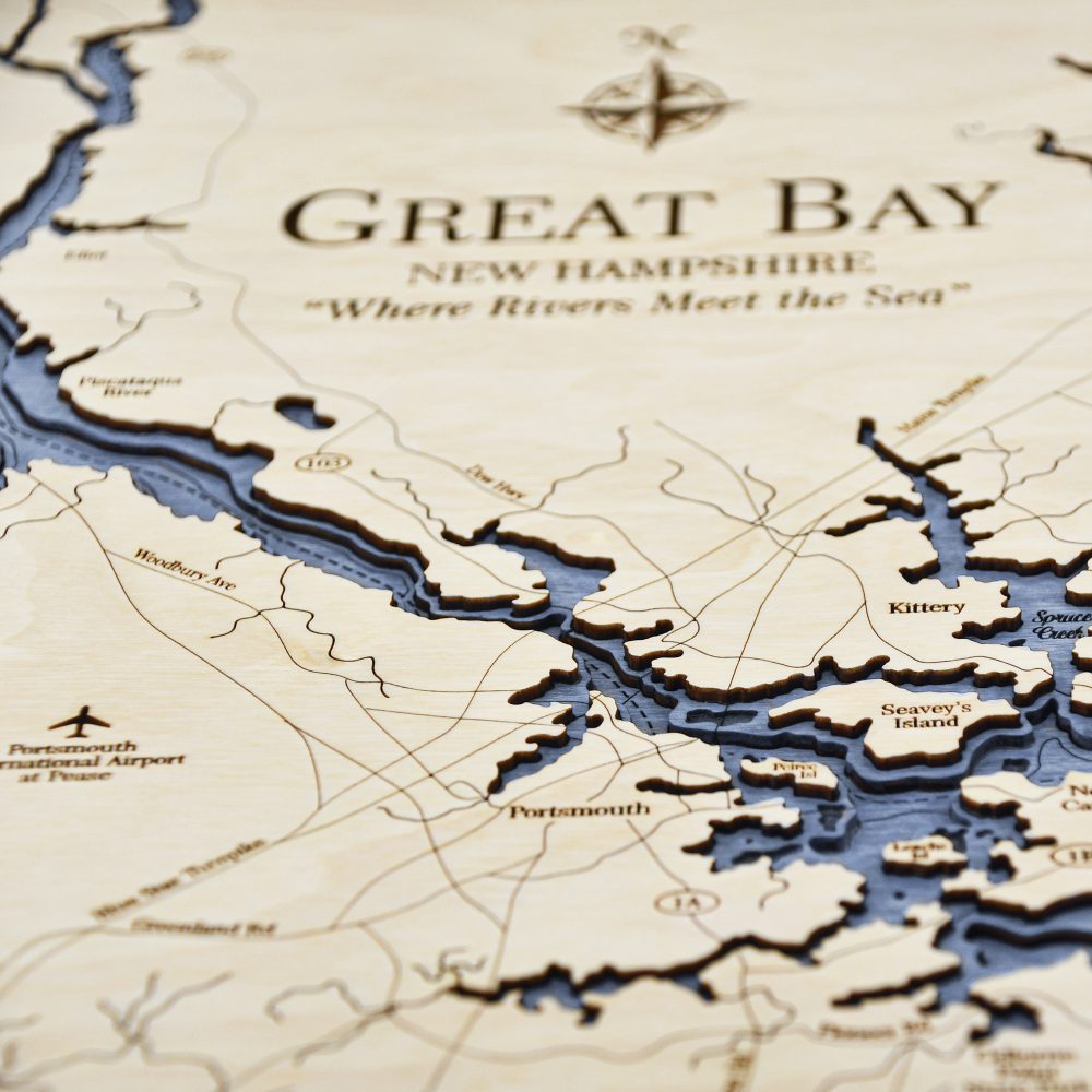 Great Bay Nautical Map Wall Art Oak Accent with Deep Blue Water Detail Shot 2