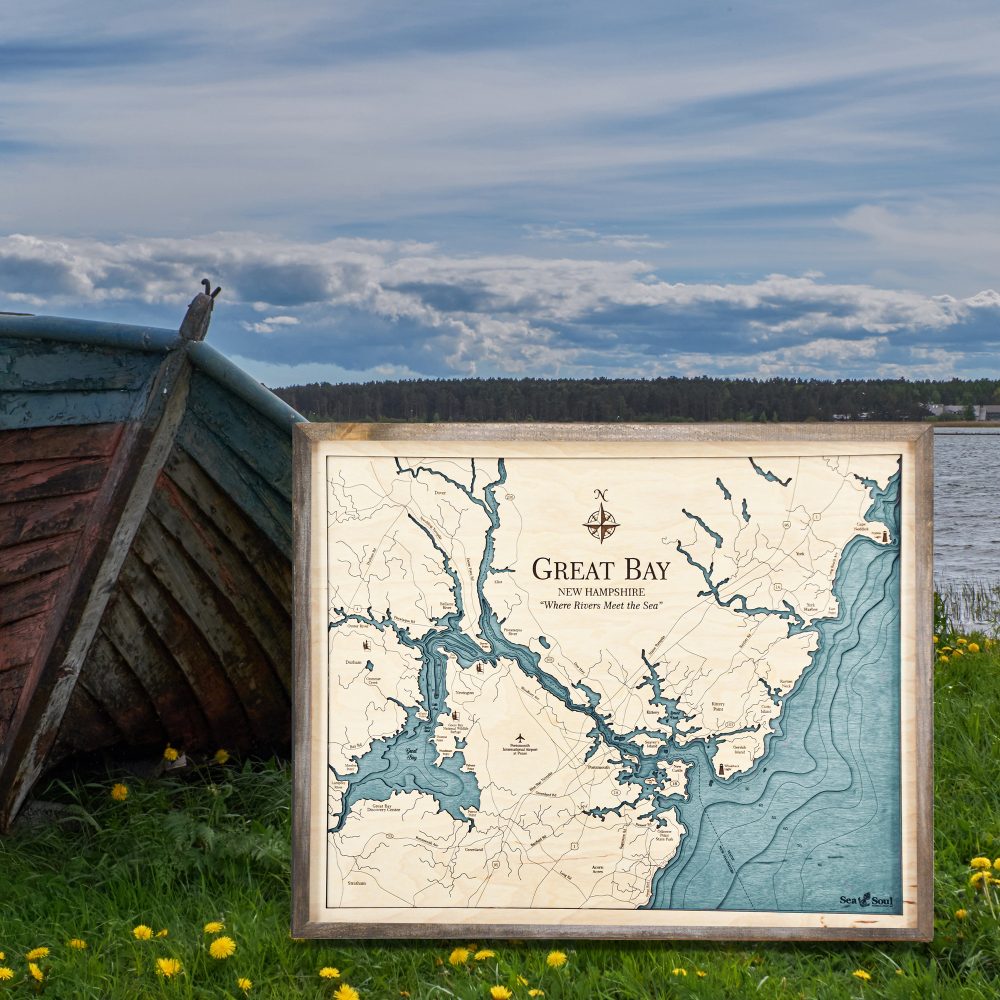 Great Bay Nautical Map Wall Art Rustic Pine Accent with Blue Green Water Sitting by Boat and Waterfront