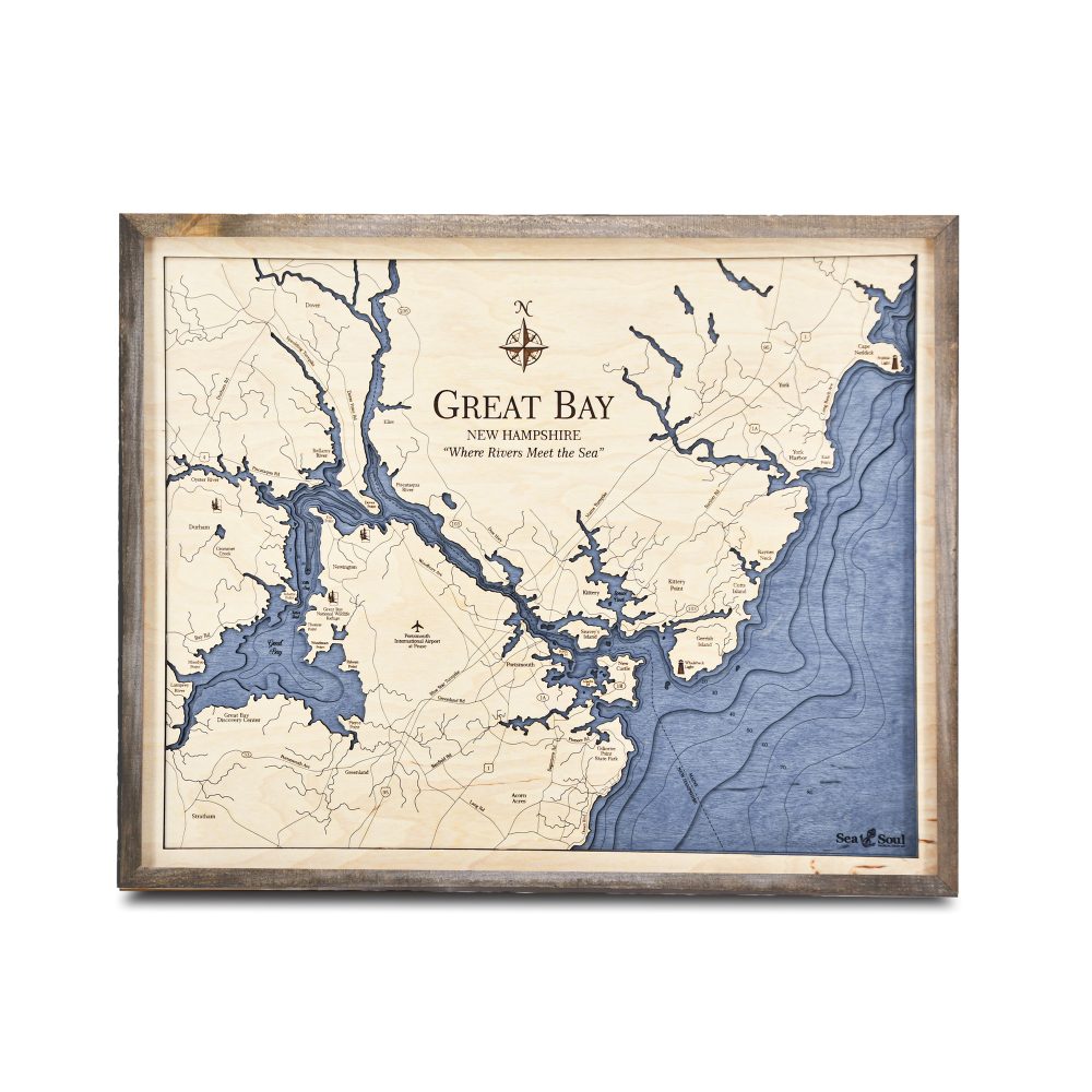 Great Bay Nautical Map Wall Art Rustic Pine Accent with Deep Blue Water