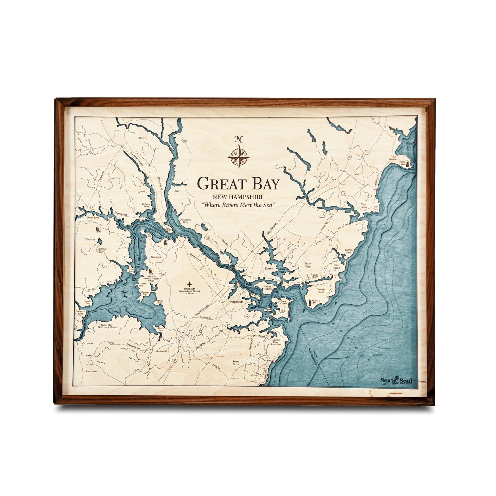 Great Bay Nautical Map Wall Art Walnut Accent with Blue Green Water