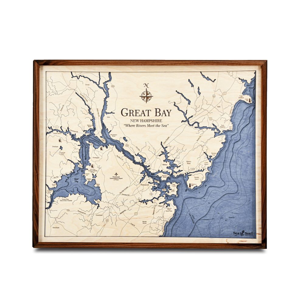 Great Bay Nautical Map Wall Art Walnut Accent with Deep Blue Water