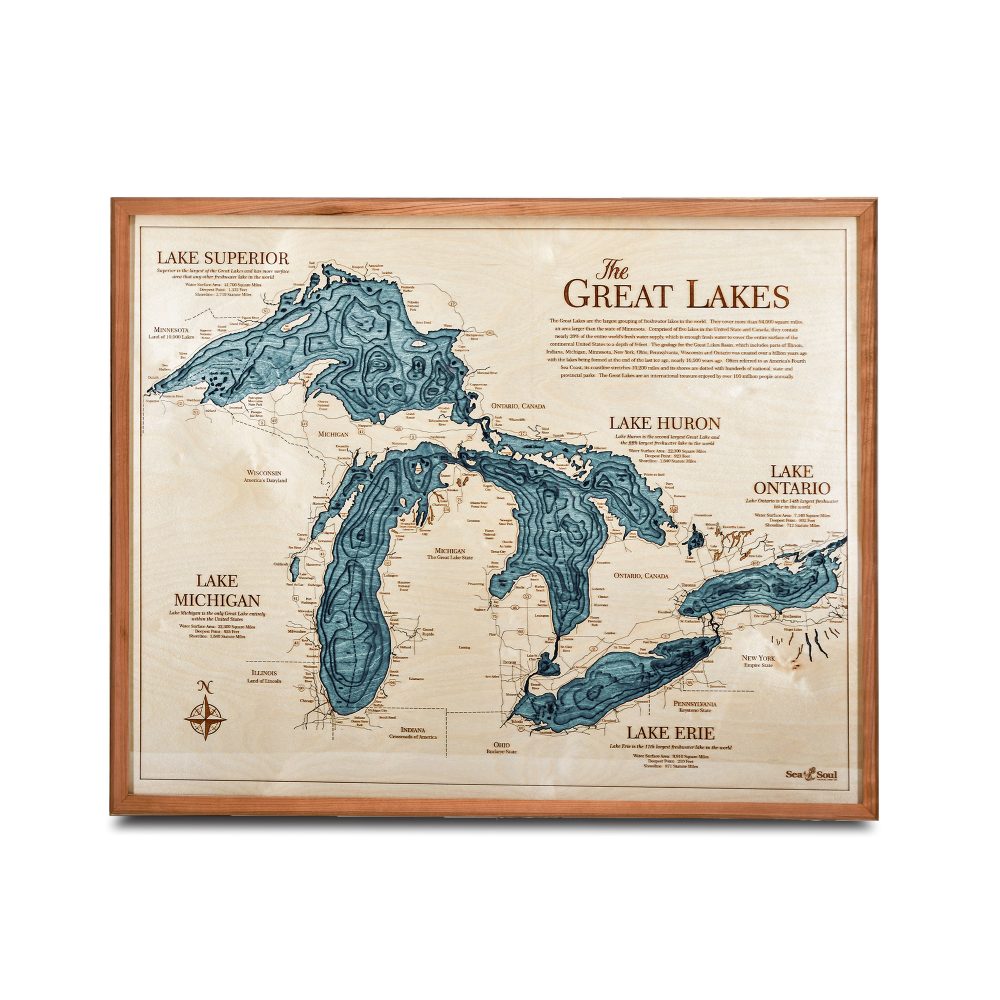 Great Lakes Nautical Map Wall Art Cherry Accent with Blue Green Water