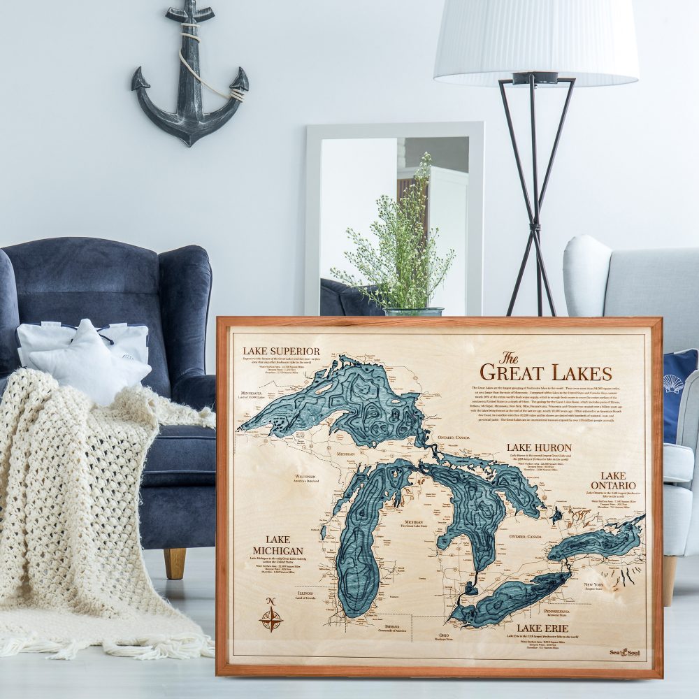 Great Lakes Nautical Map Wall Art Cherry Accent with Blue Green Water Sitting in Living Room by Armchairs