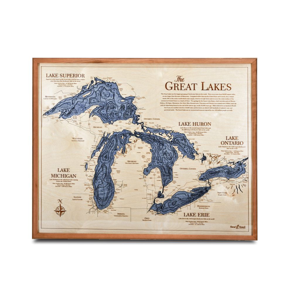 Great Lakes Nautical Map Wall Art Cherry Accent with Deep Blue Water
