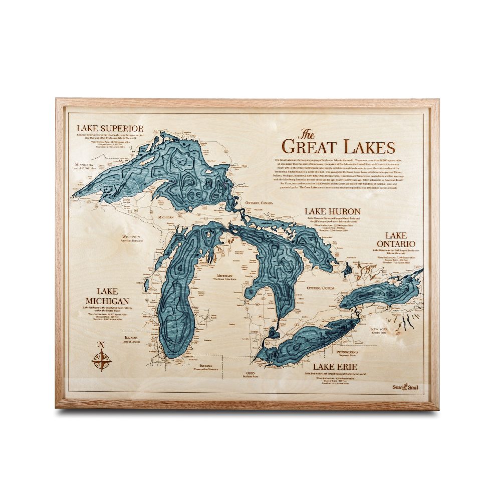 Great Lakes Nautical Map Wall Art Oak Accent with Blue Green Water