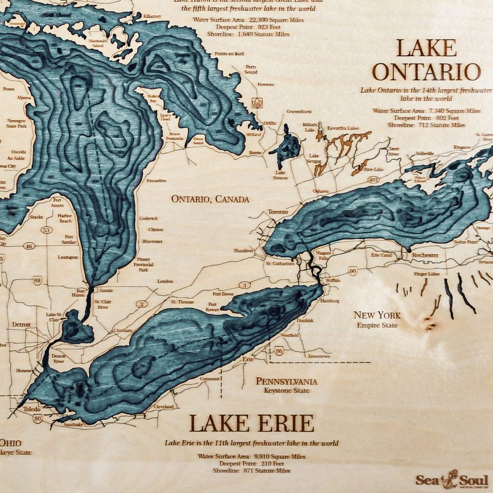 Great Lakes Nautical Map Wall Art Oak Accent with Blue Green Water Detail Shot 2