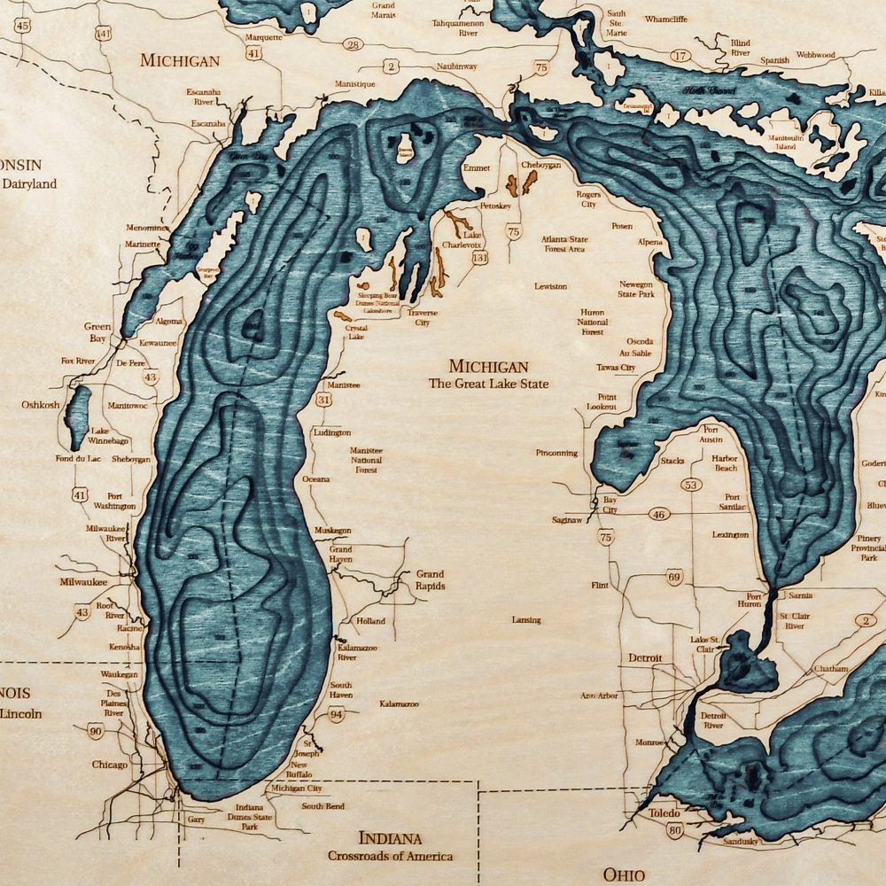 Great Lakes Nautical Map Wall Art Oak Accent with Blue Green Water Detail Shot 3