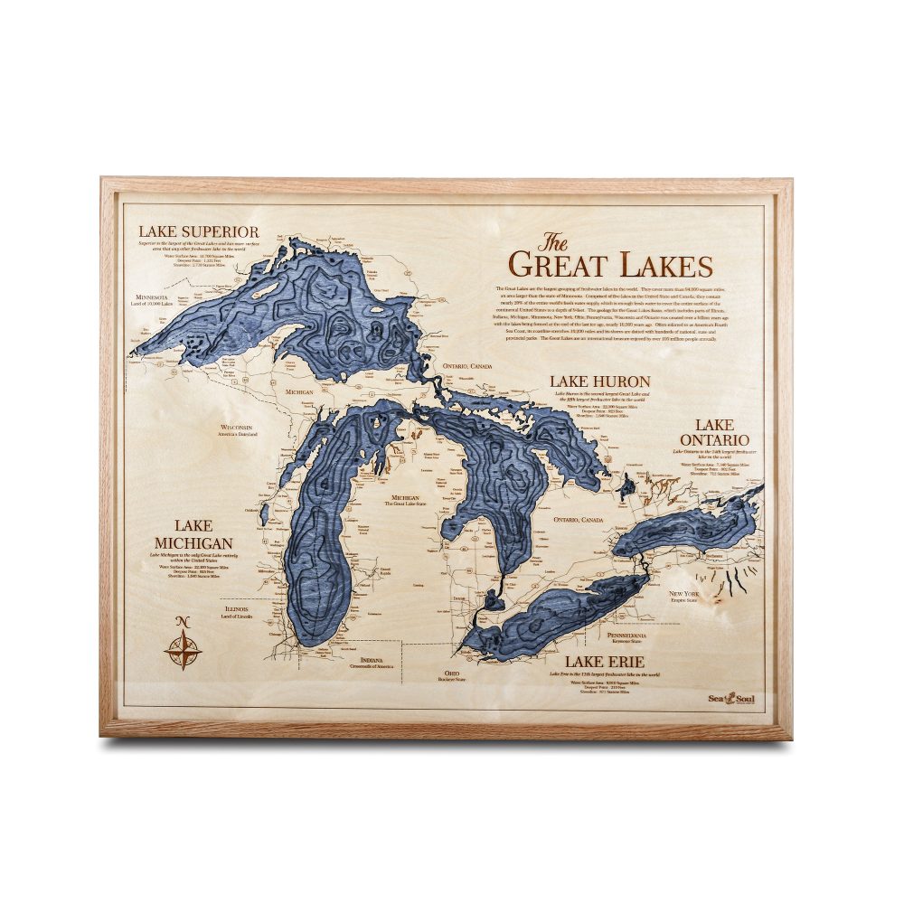 Great Lakes Nautical Map Wall Art Oak Accent with Deep Blue Water