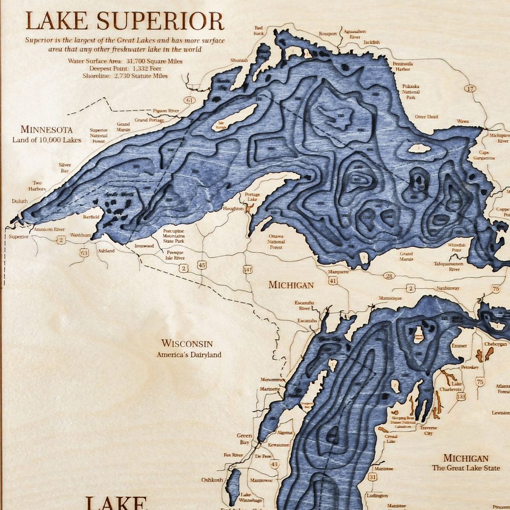 Great Lakes Nautical Map Wall Art Oak Accent with Deep Blue Water Detail Shot 1