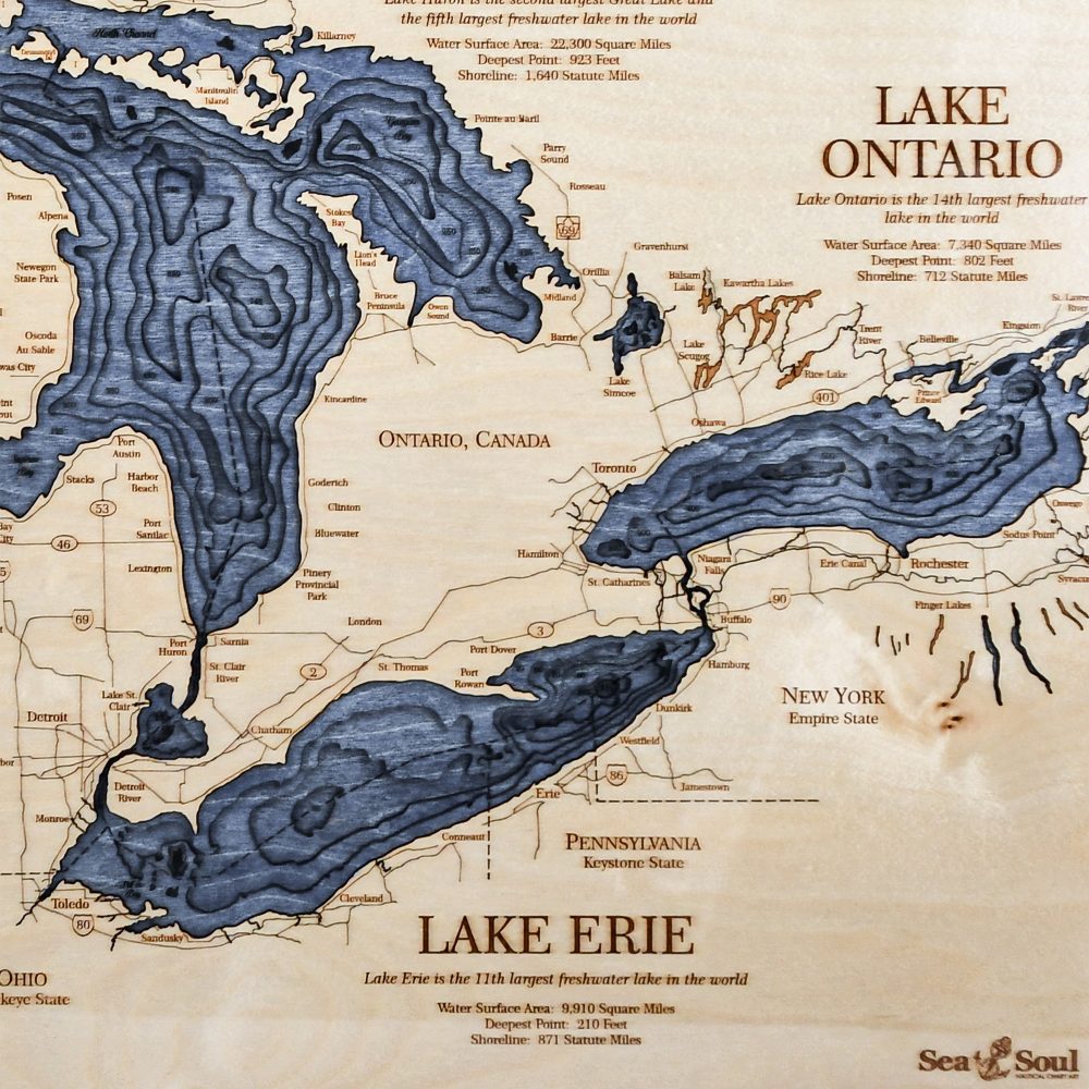 Great Lakes Nautical Map Wall Art Oak Accent with Deep Blue Water Detail Shot 2