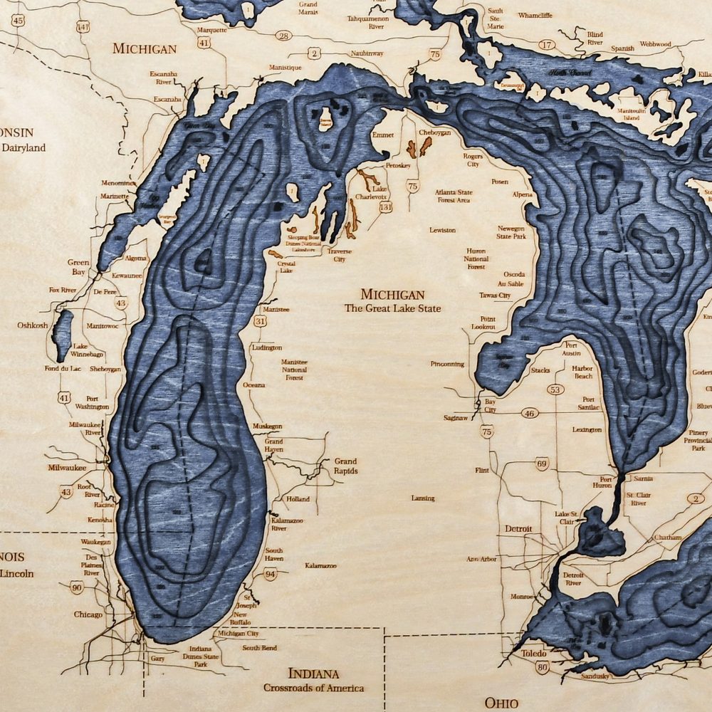 Great Lakes Nautical Map Wall Art Oak Accent with Deep Blue Water Detail Shot 3