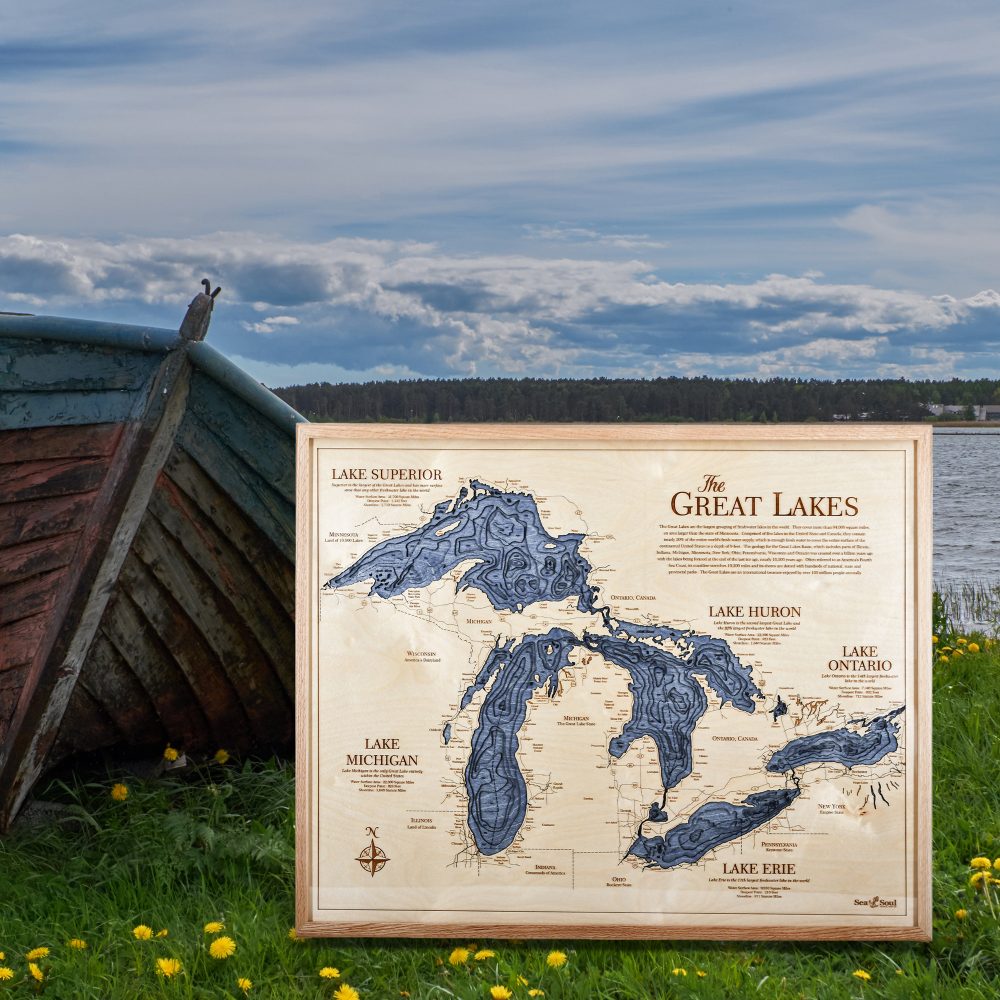 Great Lakes Nautical Map Wall Art Oak Accent with Deep Blue Water Sitting Outside by Boat and Waterfront