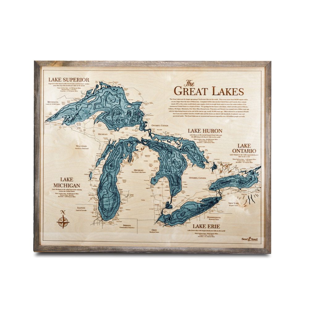Great Lakes Nautical Map Wall Art Rustic Pine Accent with Blue Green Water