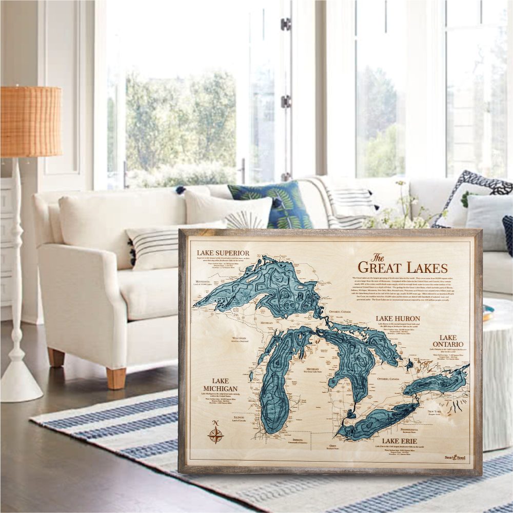 Great Lakes Nautical Map Wall Art Rustic Pine Accent with Blue Green Water Sitting in Living Room by Couch