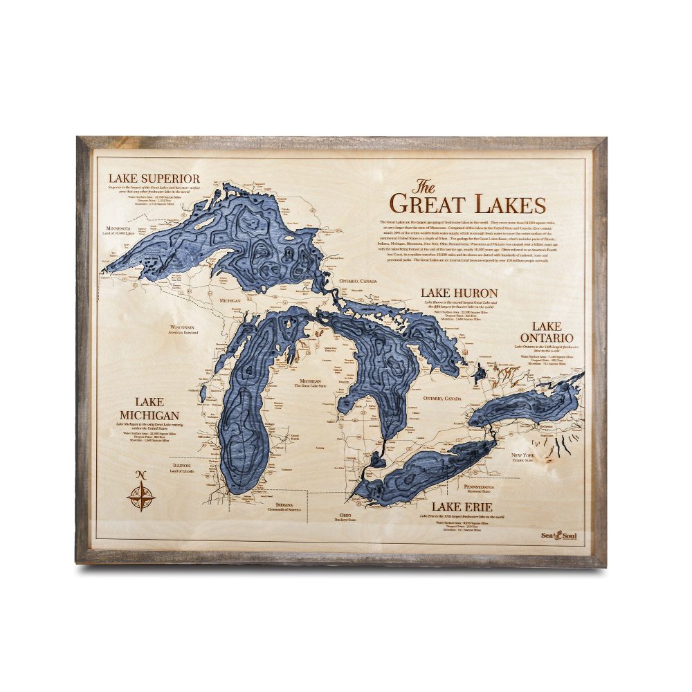 Great Lakes Nautical Map Wall Art Rustic Pine Accent with Deep Blue Water