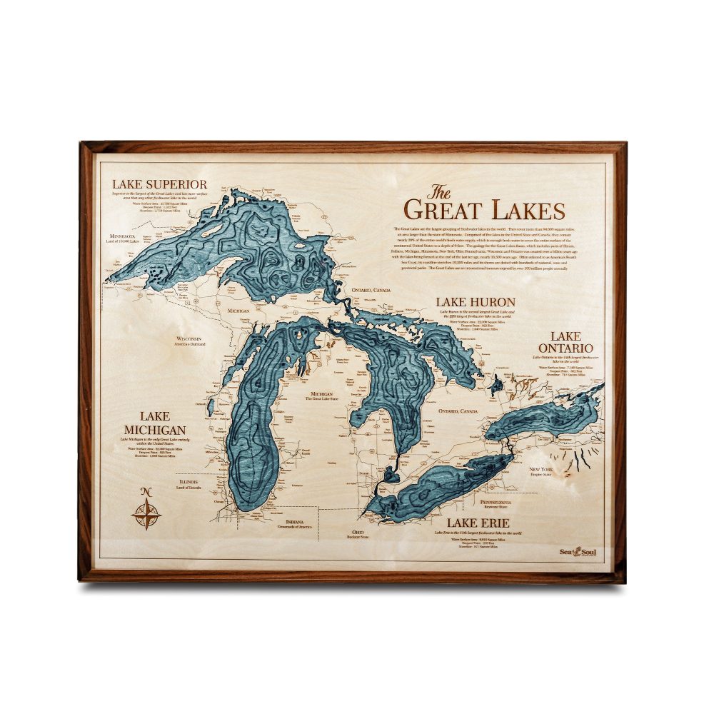 Great Lakes Nautical Map Wall Art Walnut Accent with Blue Green Water