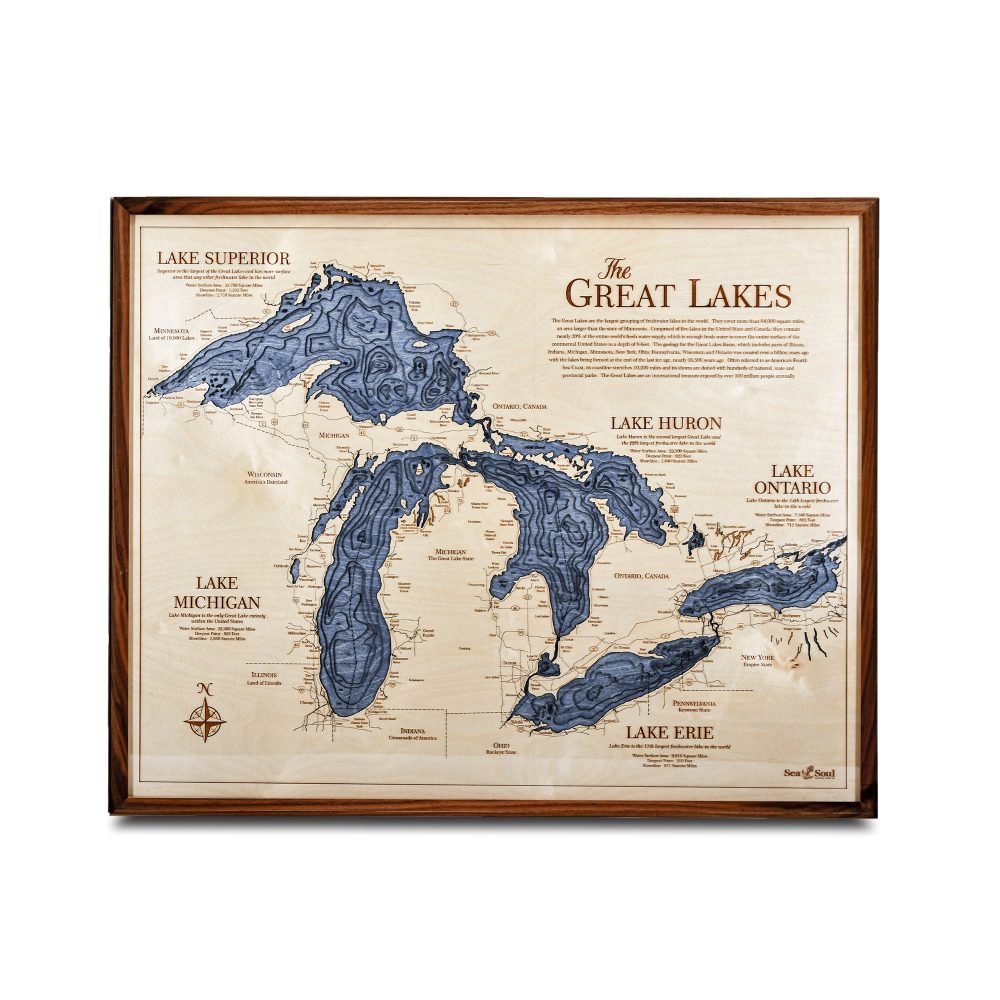 Great Lakes Nautical Map Wall Art Walnut Accent with Deep Blue Water
