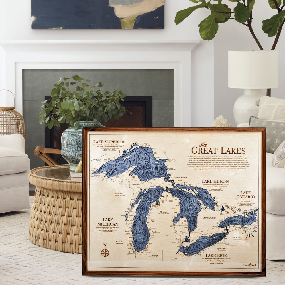 Great Lakes Nautical Map Wall Art Walnut Accent with Deep Blue Water Sitting in Living Room by Coffee Table and Couch