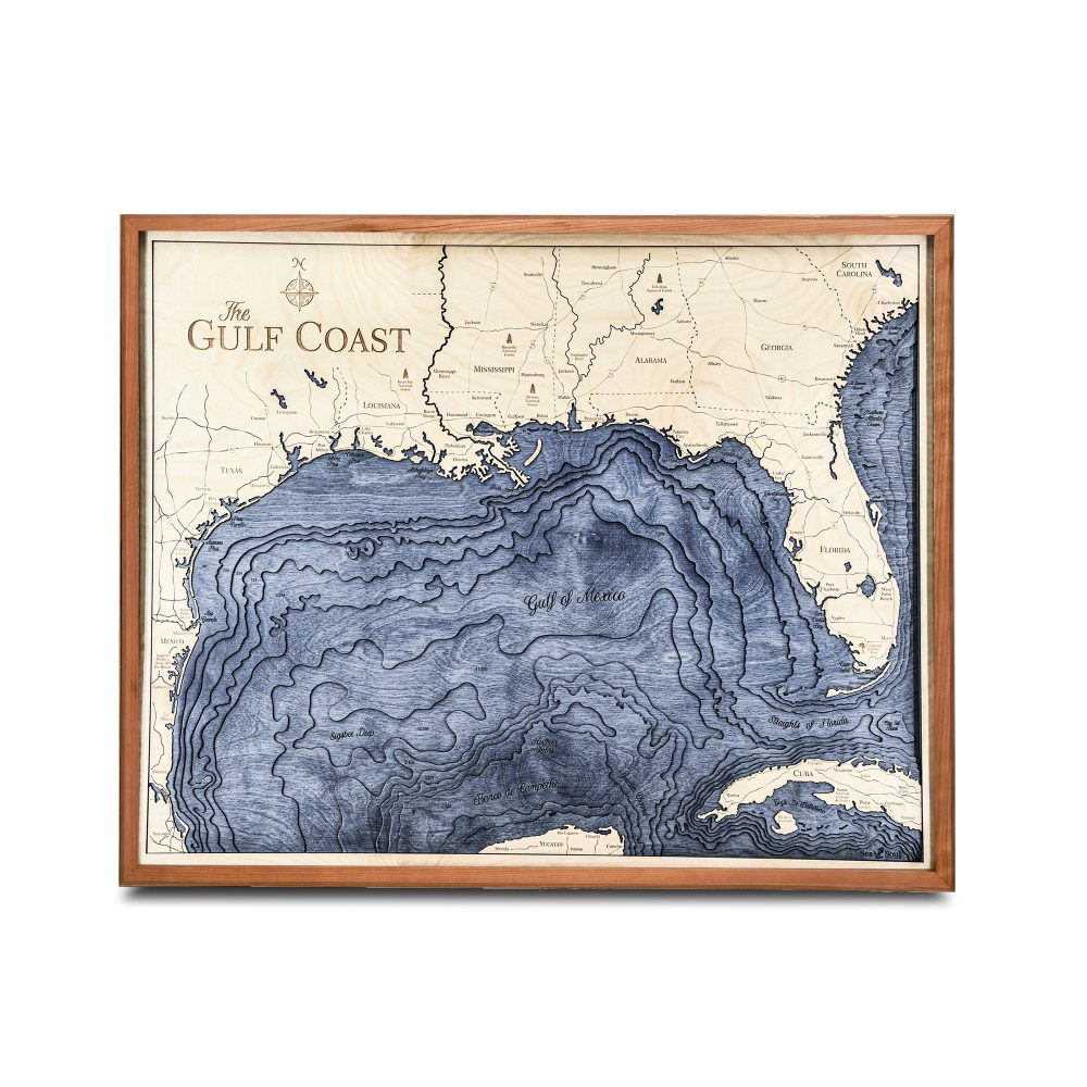 Gulf Coast Nautical Map Wall Art Cherry Accent with Deep Blue Water