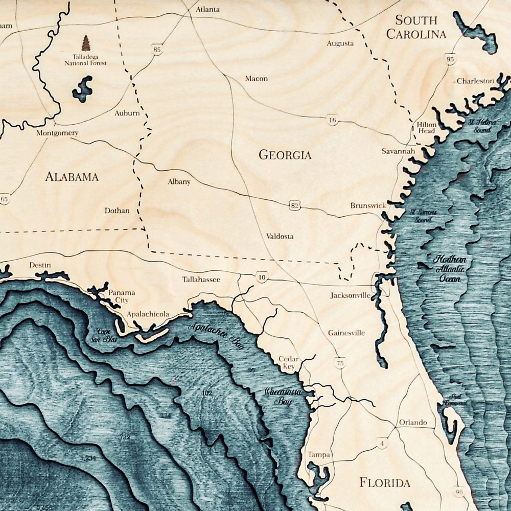 Gulf Coast Nautical Map Wall Art Oak Accent with Blue Green Water Detail Shot 1