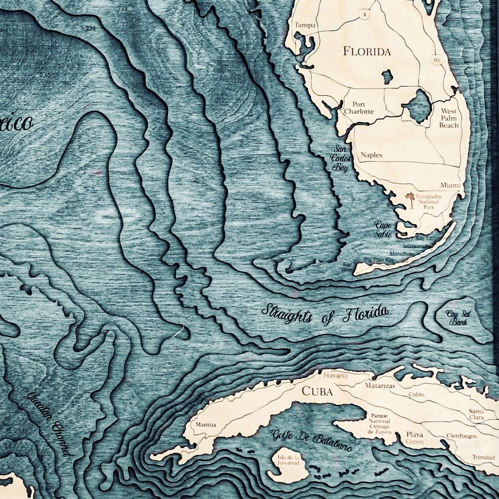 Gulf Coast Nautical Map Wall Art Oak Accent with Blue Green Water Detail Shot 2