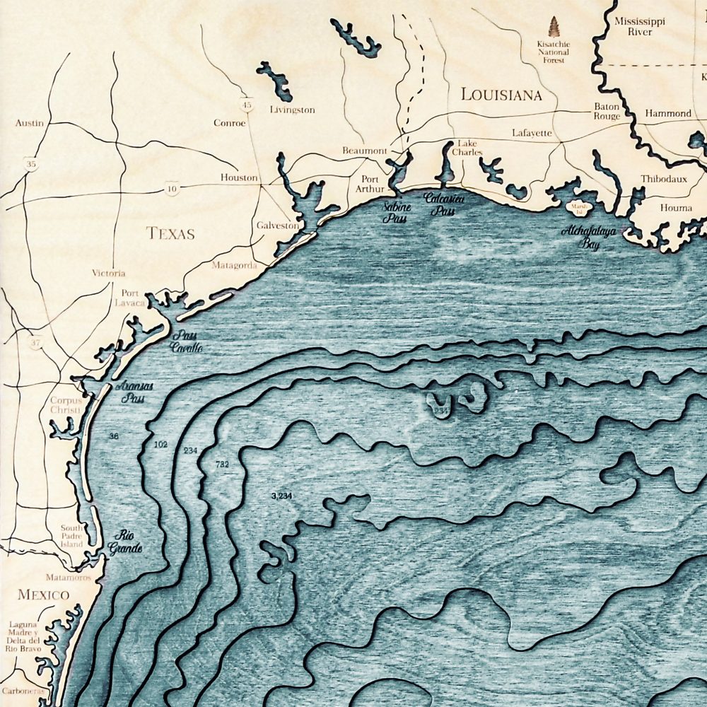 Gulf Coast Nautical Map Wall Art Oak Accent with Blue Green Water Detail Shot 3