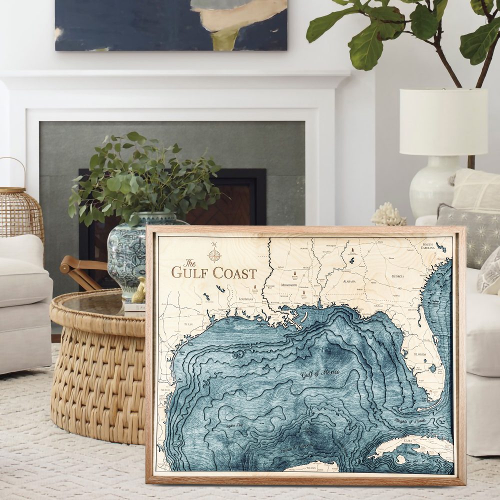 Gulf Coast Nautical Map Wall Art Oak Accent with Blue Green Water Sitting in Living Room by Coffee Table and Couch