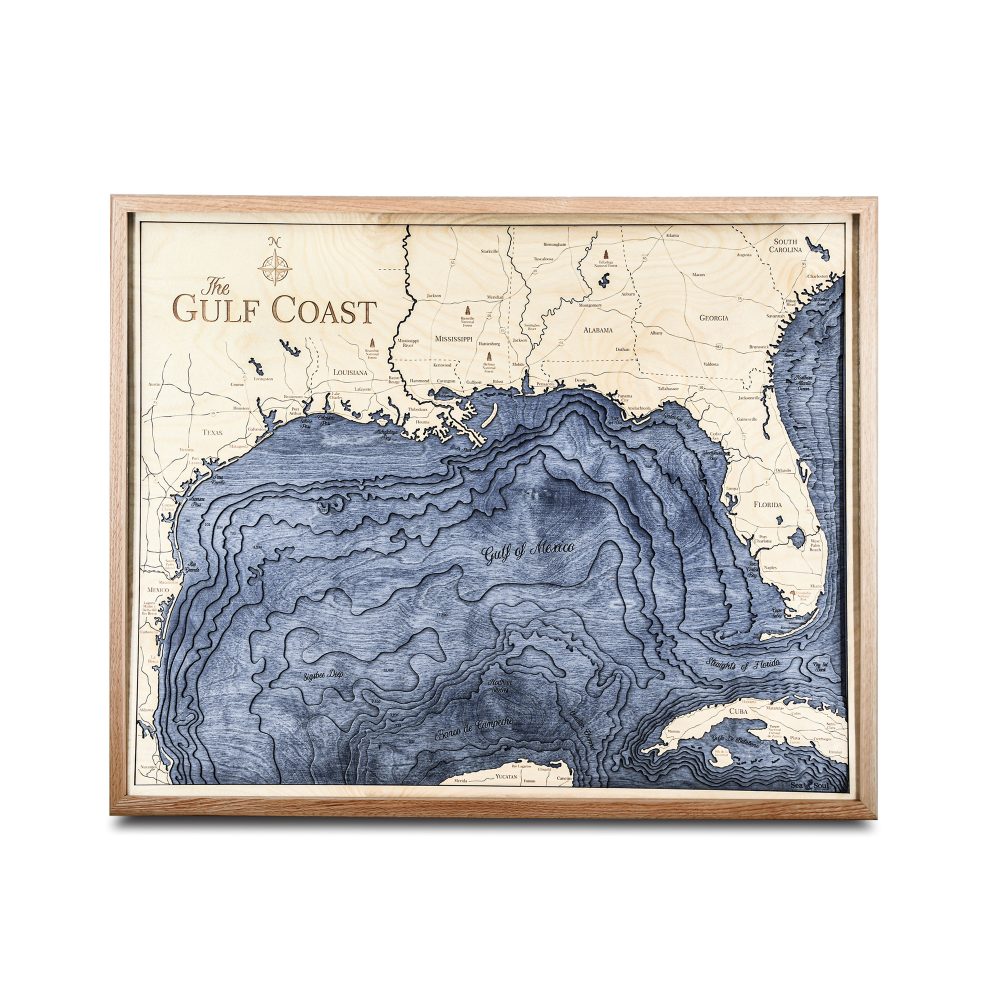 Gulf Coast Nautical Map Wall Art Oak Accent with Deep Blue Water