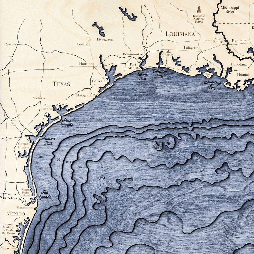 Gulf Coast Nautical Map Wall Art Oak Accent with Deep Blue Water Detail Shot 3