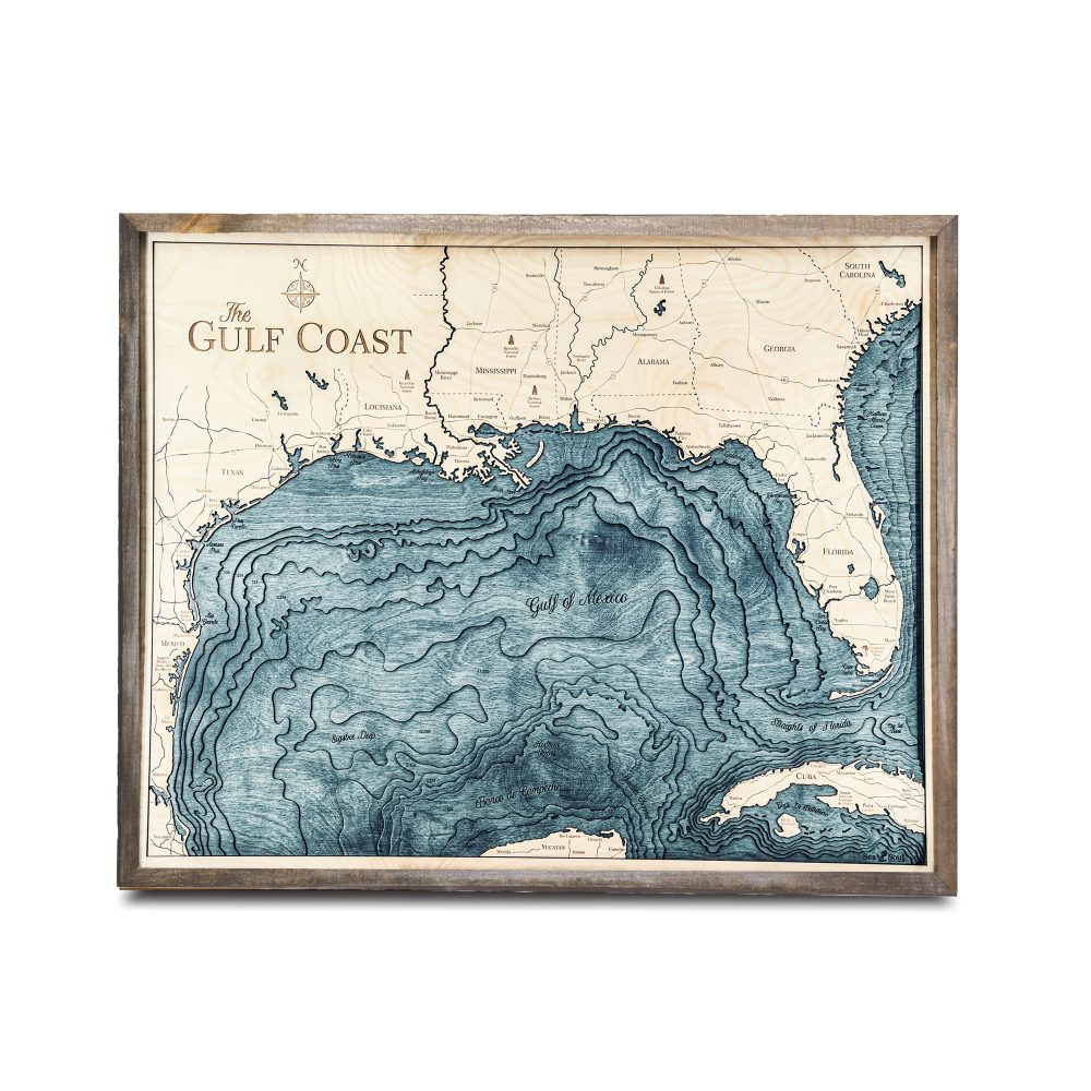Gulf Coast Nautical Map Wall Art Rustic Pine Accent with Blue Green Water