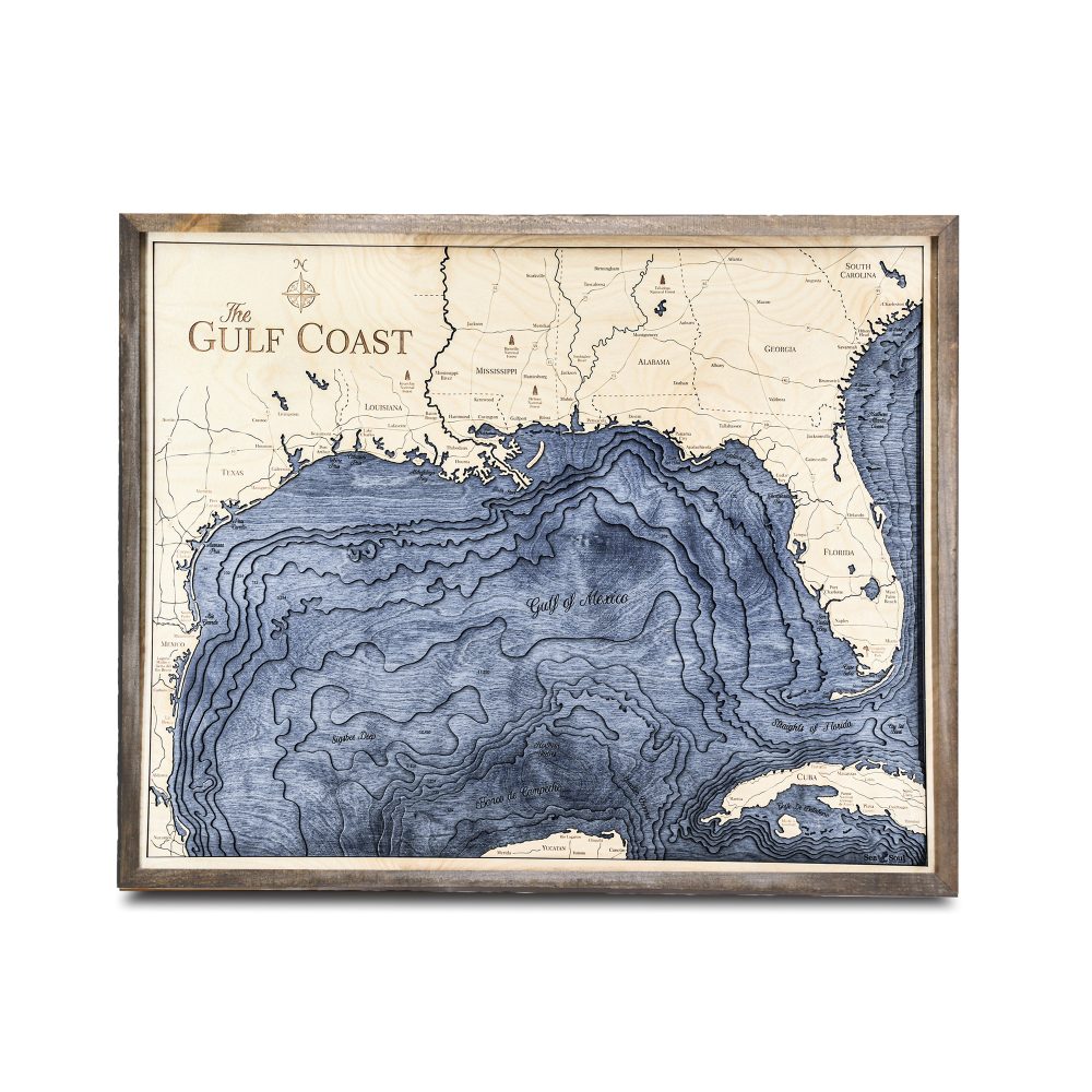 Gulf Coast Nautical Map Wall Art Rustic Pine Accent with Deep Blue Water