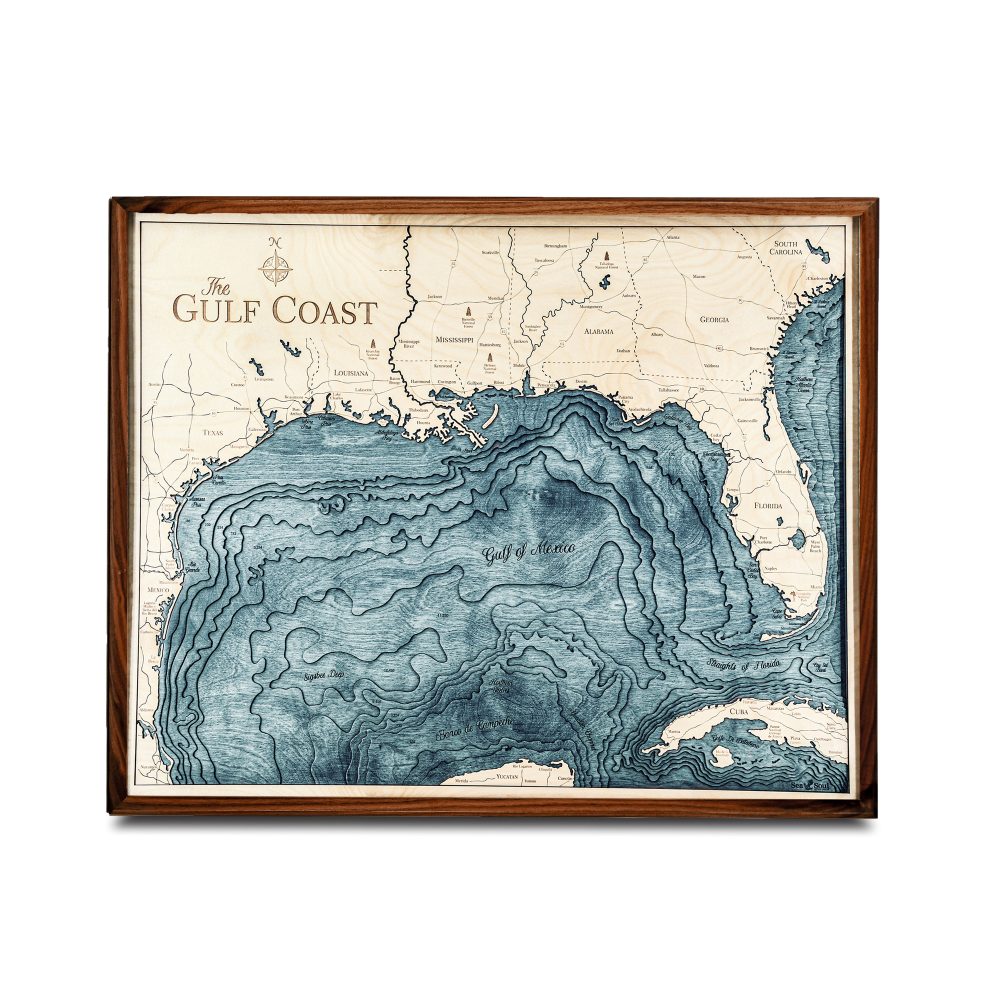 Gulf Coast Nautical Map Wall Art Walnut Accent with Blue Green Water