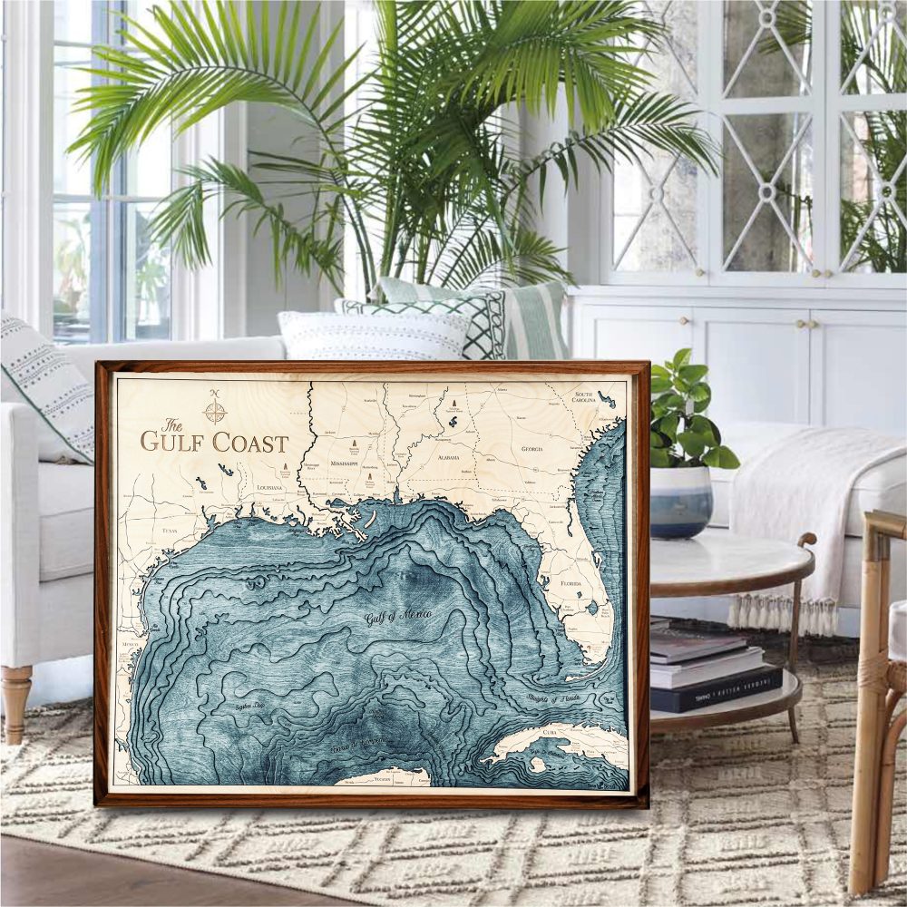 Gulf Coast Nautical Map Wall Art Walnut Accent with Blue Green Water Sitting in Living Room by Coffee Table and Couch