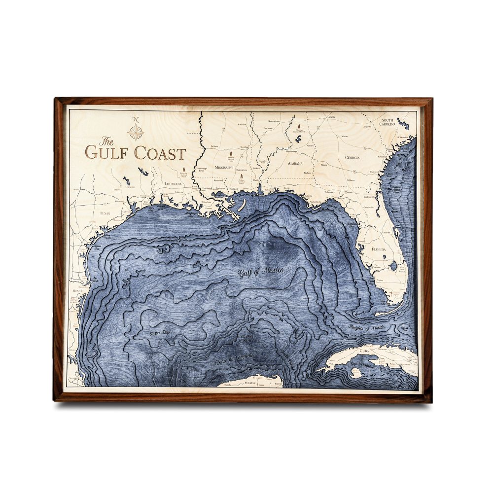 Gulf Coast Nautical Map Wall Art Walnut Accent with Deep Blue Water