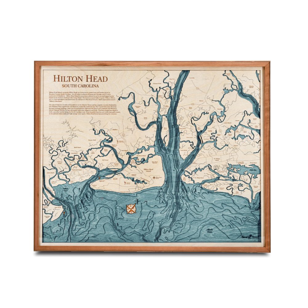 Hilton Head Nautical Map Wall Art Cherry Accent with Blue Green Water