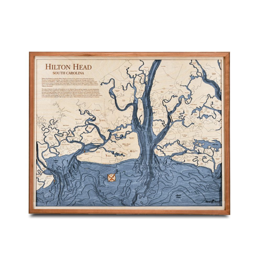 Hilton Head Nautical Map Wall Art Cherry Accent with Deep Blue Water