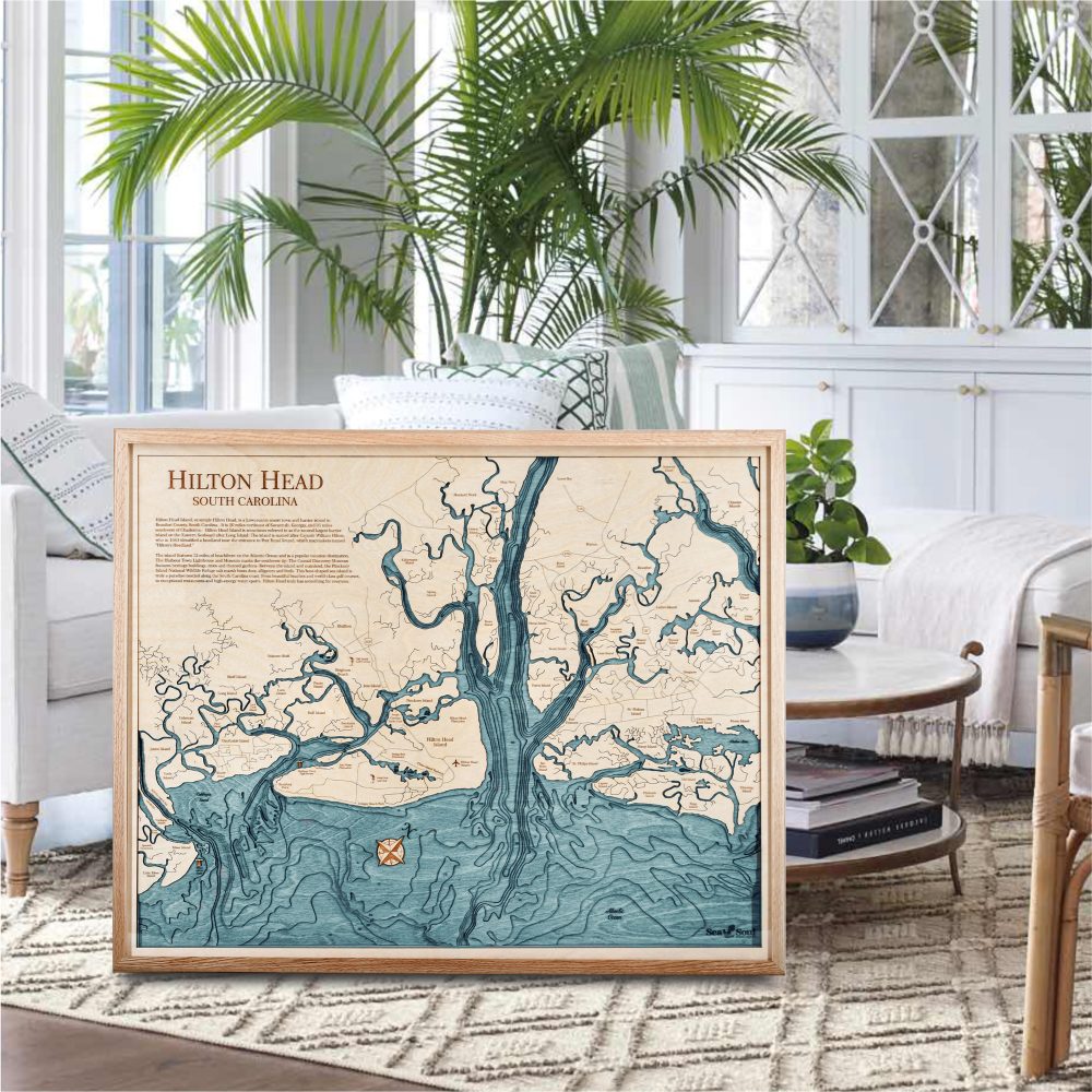 Hilton Head Nautical Map Wall Art Oak Accent with Blue Green Water Sitting in Living Room by Coffee Table