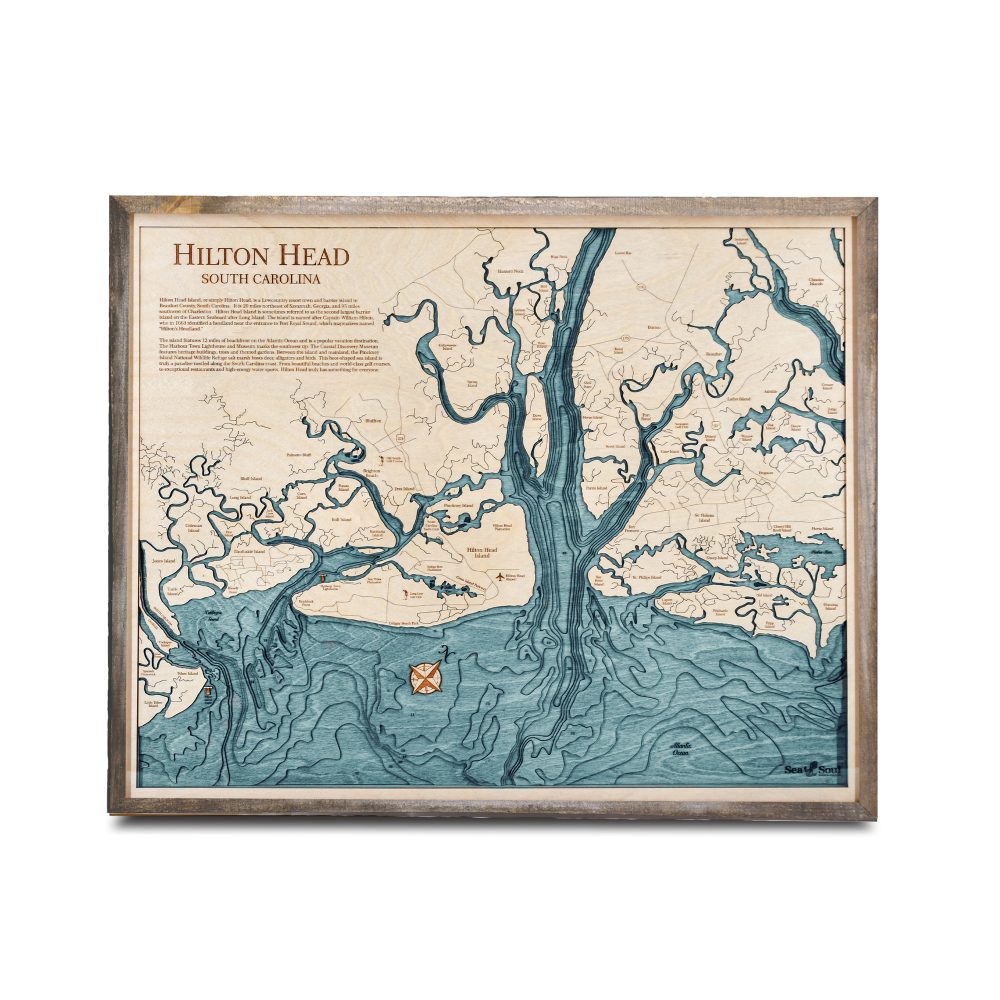 Hilton Head Nautical Map Wall Art Rustic Pine Accent with Blue Green Water