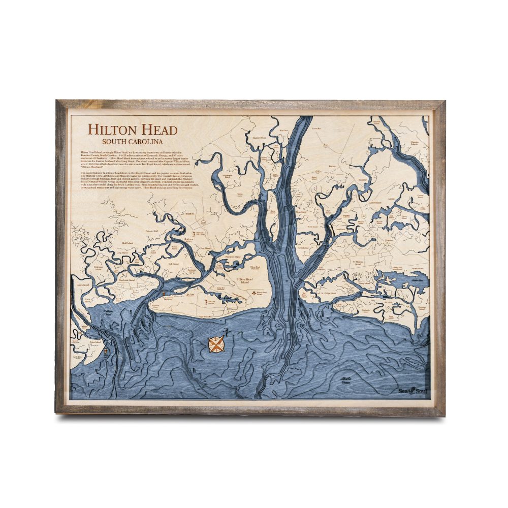 Hilton Head Nautical Map Wall Art Rustic Pine Accent with Deep Blue Water