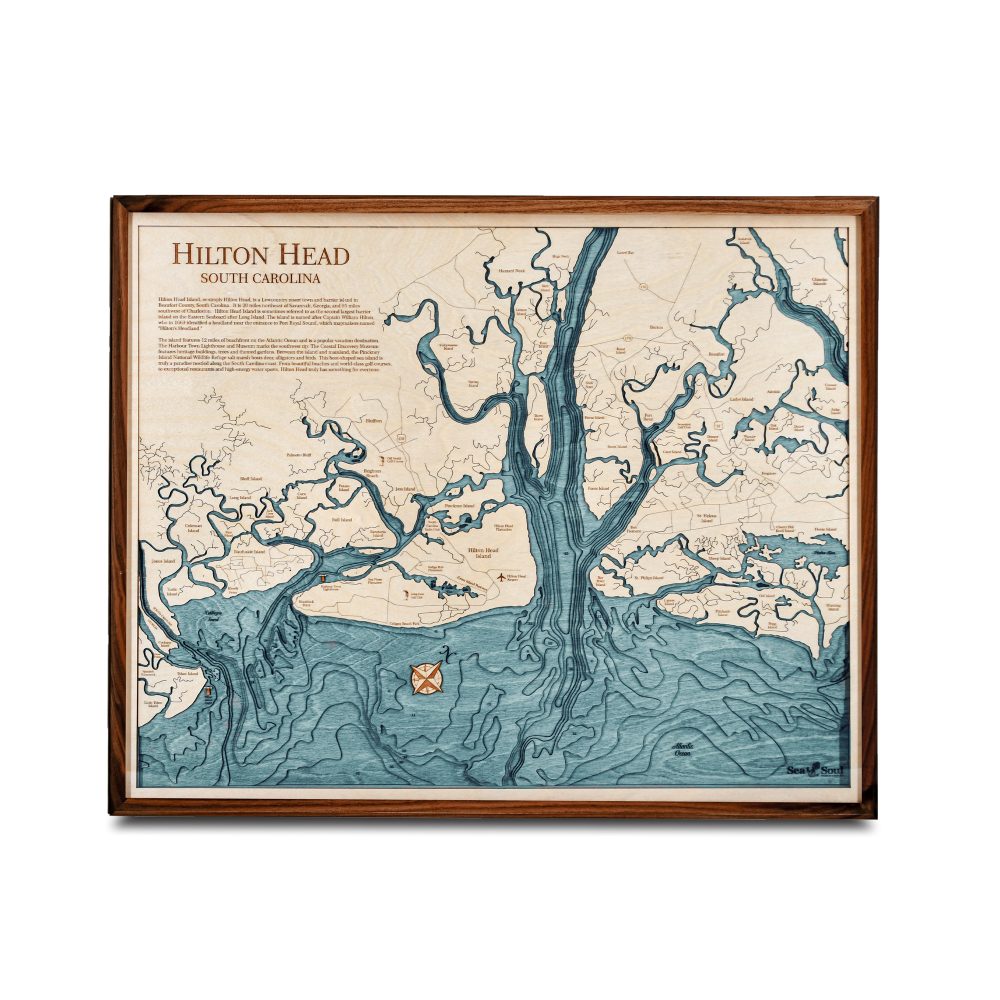 Hilton Head Nautical Map Wall Art Walnut Accent with Blue Green Water