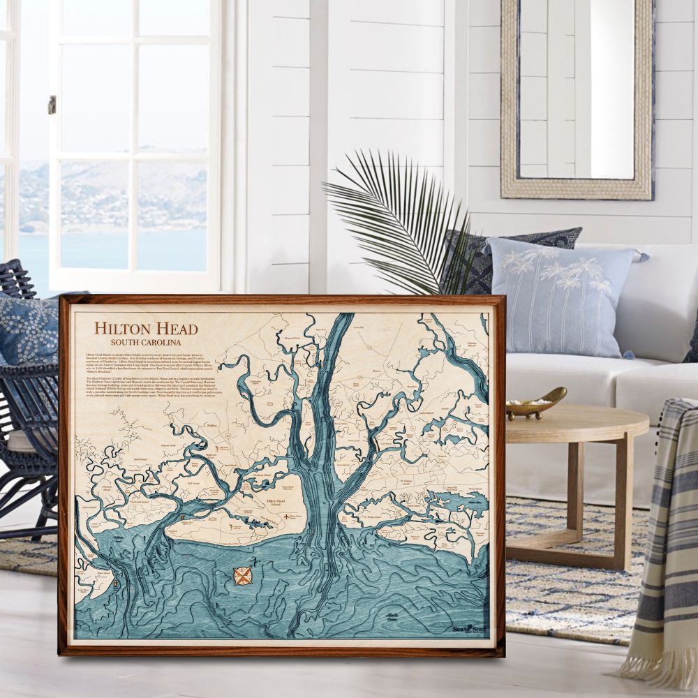Hilton Head Nautical Map Wall Art Walnut Accent with Blue Green Water Sitting in Living Room by Coffee Table and Couch