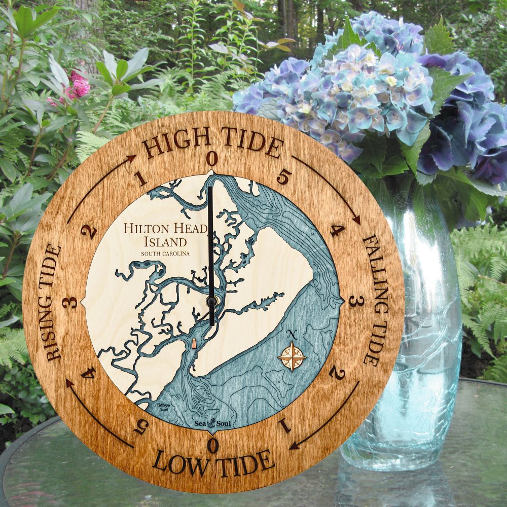 Hilton Head Island Tide Clock Americana Accent with Blue Green Water Sitting on Table with Flowers