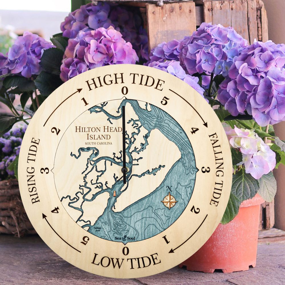 Hilton Head Island Tide Clock Birch Accent with Blue Green Water Sitting on Ground by Flower Pots