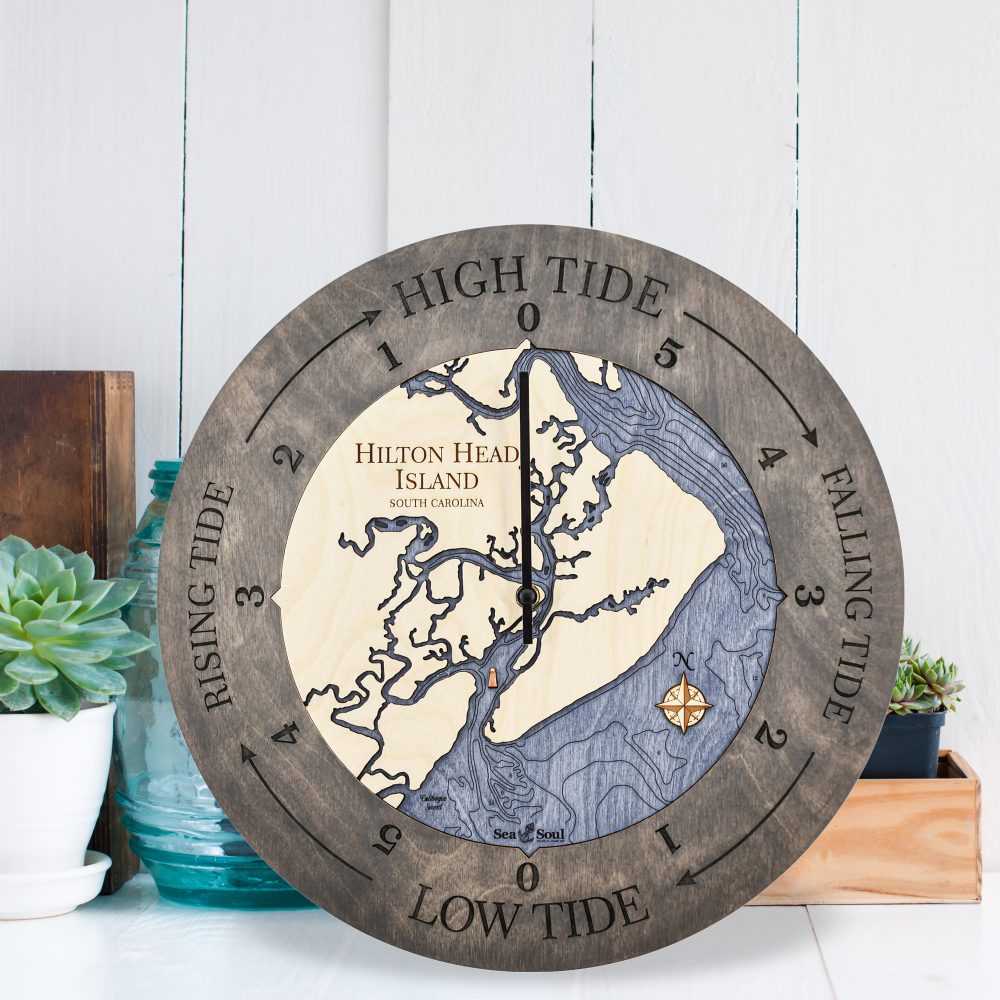 Hilton Head Island Tide Clock Driftwood Accent with Deep Blue Water Sitting on Countertop by Succulents
