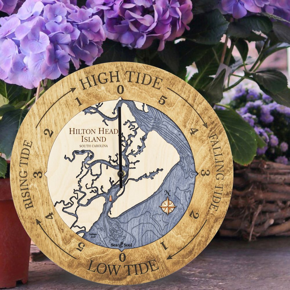 Hilton Head Island Tide Clock Honey Accent with Deep Blue Water Sitting on Ground by Flower Pot