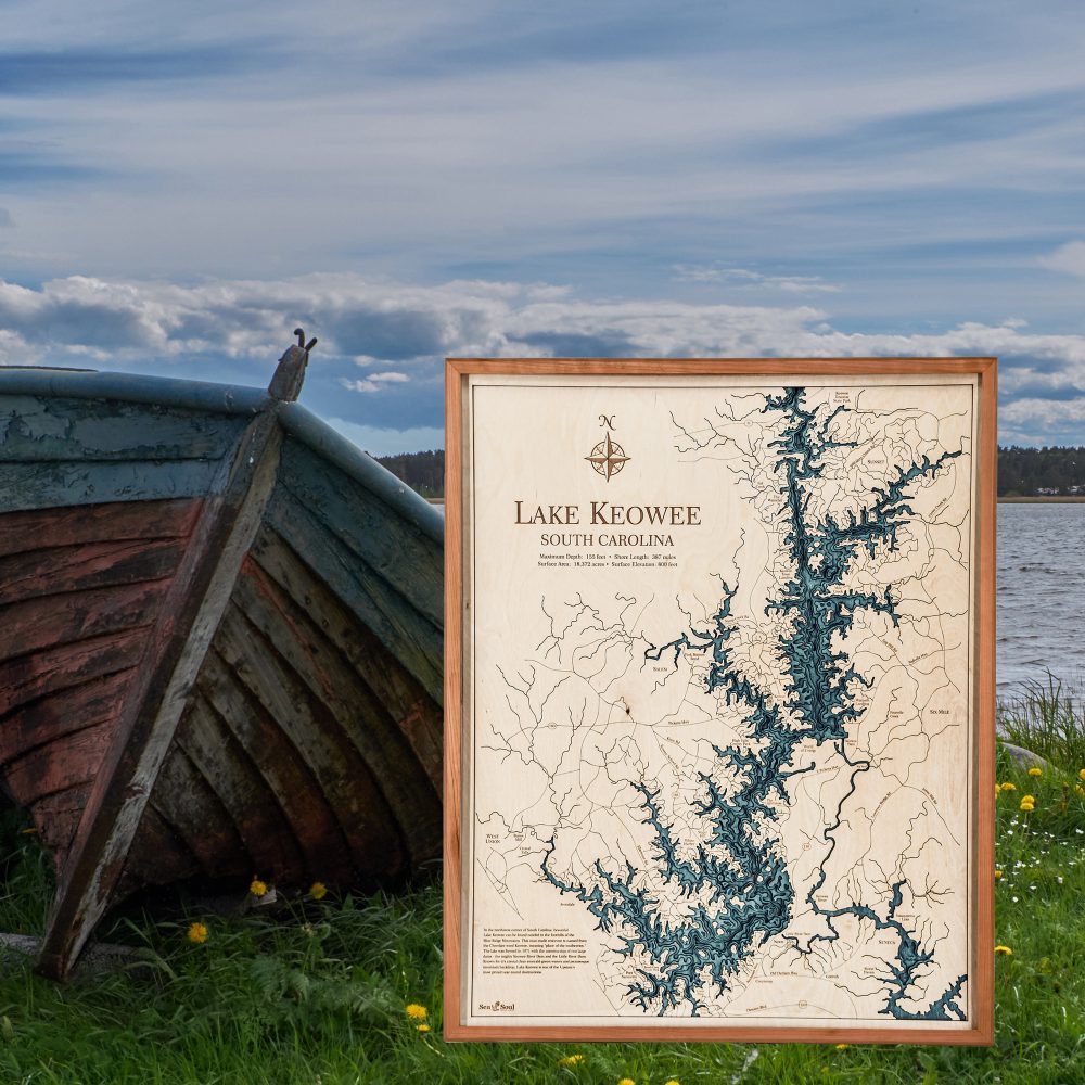 Lake Keowee Nautical Map Wall Art Cherry Accent Blue Green Water Sitting by Boat and Waterfront